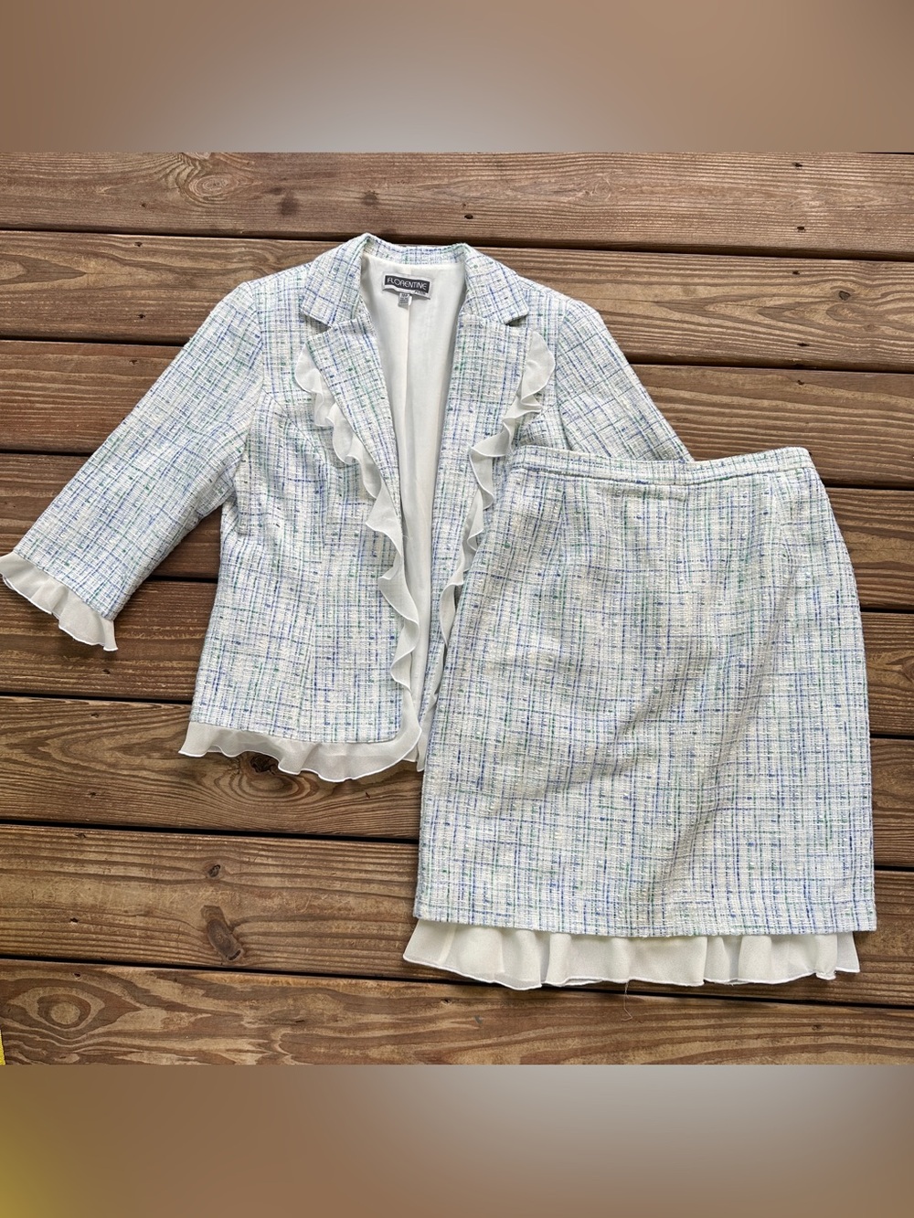 Florentine Petite Tweed Skirt Suit Set Blue Green Ruffle Trim Size 12P